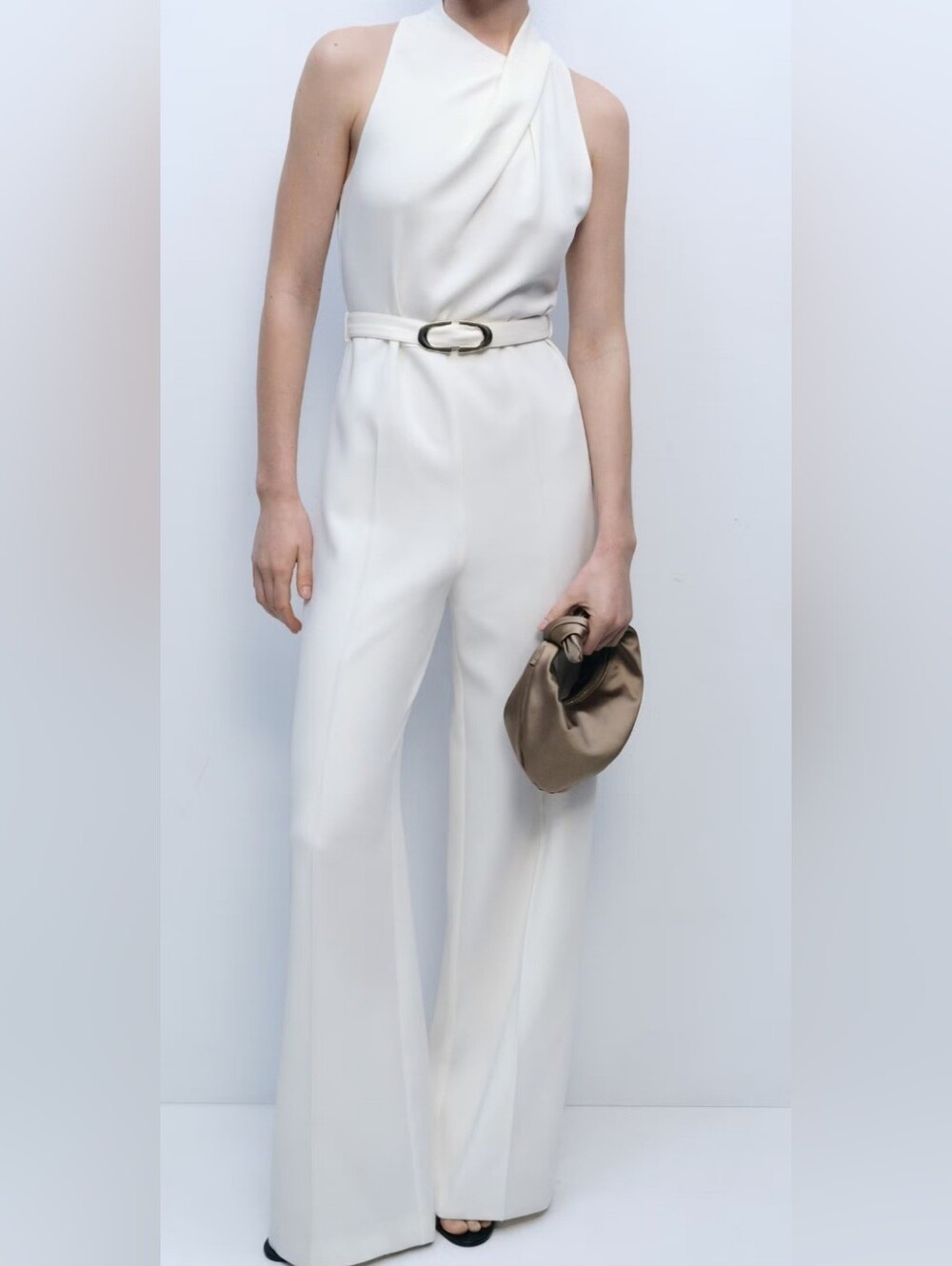 Mango Ivory One-Shoulder Wide-Leg Jumpsuit